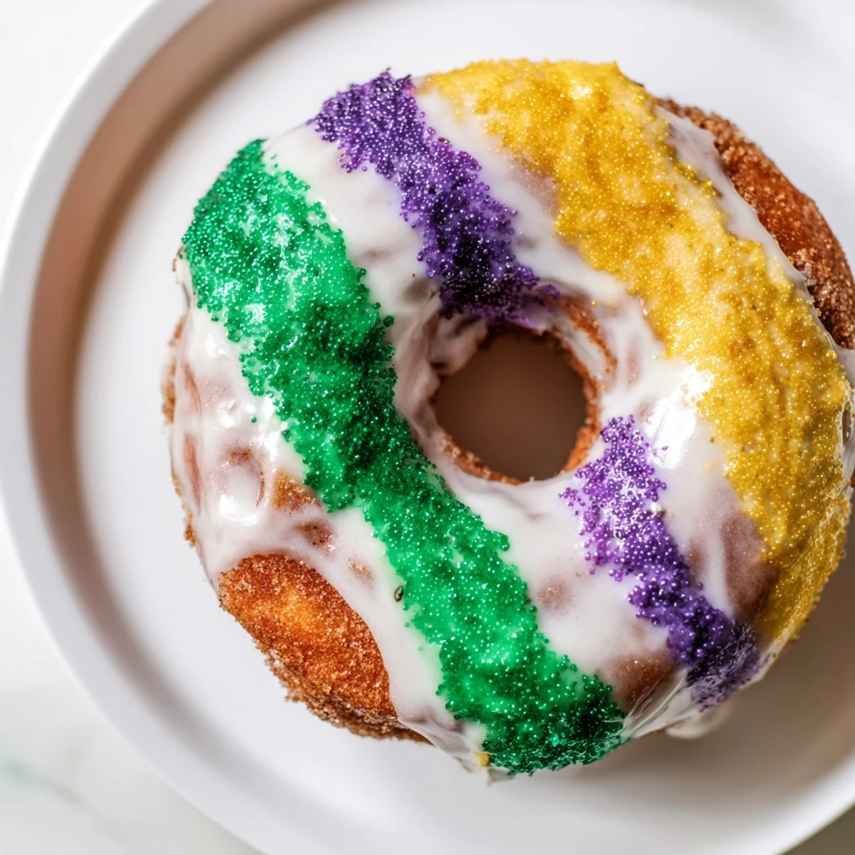 Warm Mardi Gras King Cake Donuts arranged on a wooden board, capturing the classic New Orleans dessert's sweet glaze and colorful Mardi Gras decoration.