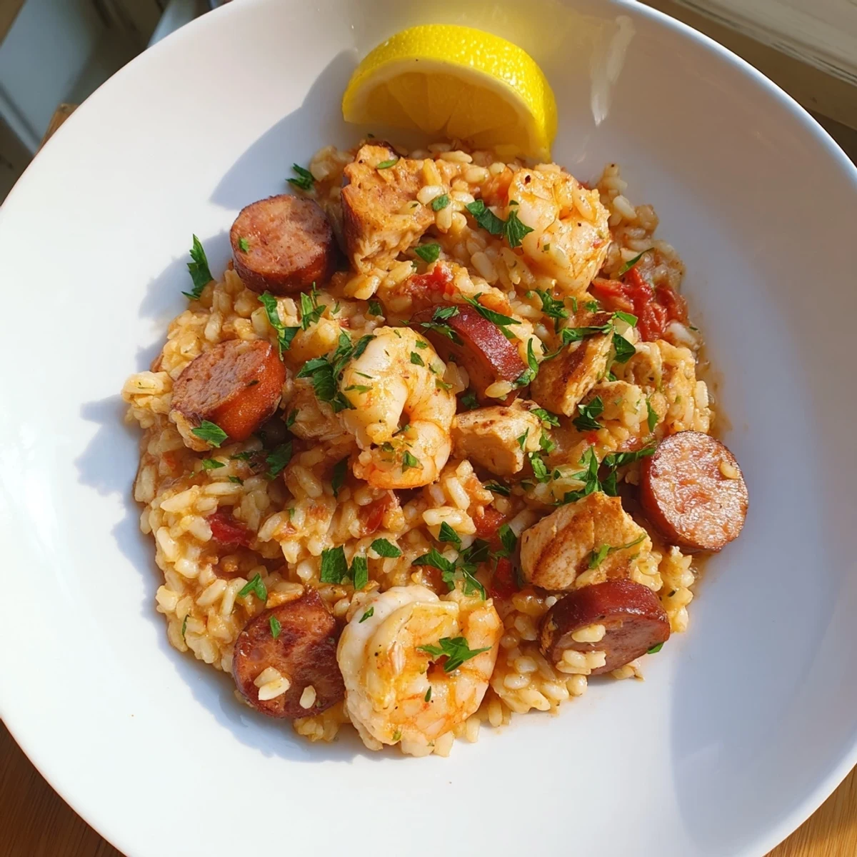 Golden-brown andouille sausage and tender chicken pieces sizzling in a deep skillet for the Creole Jambalaya Risotto.