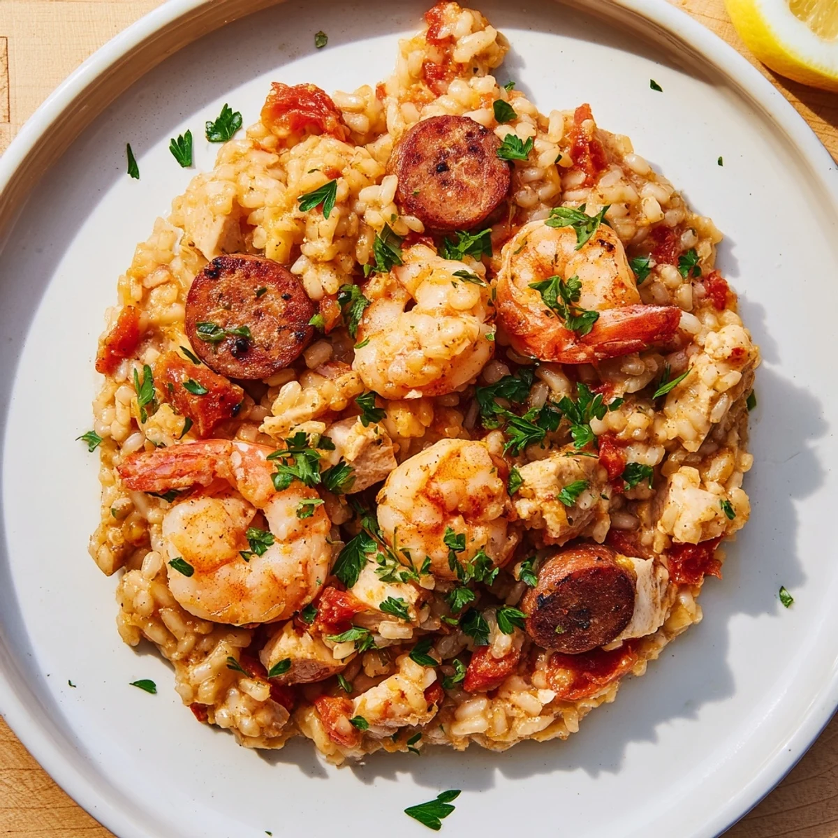Finished Creole Jambalaya Risotto garnished with fresh parsley and lemon wedges, ready to serve.