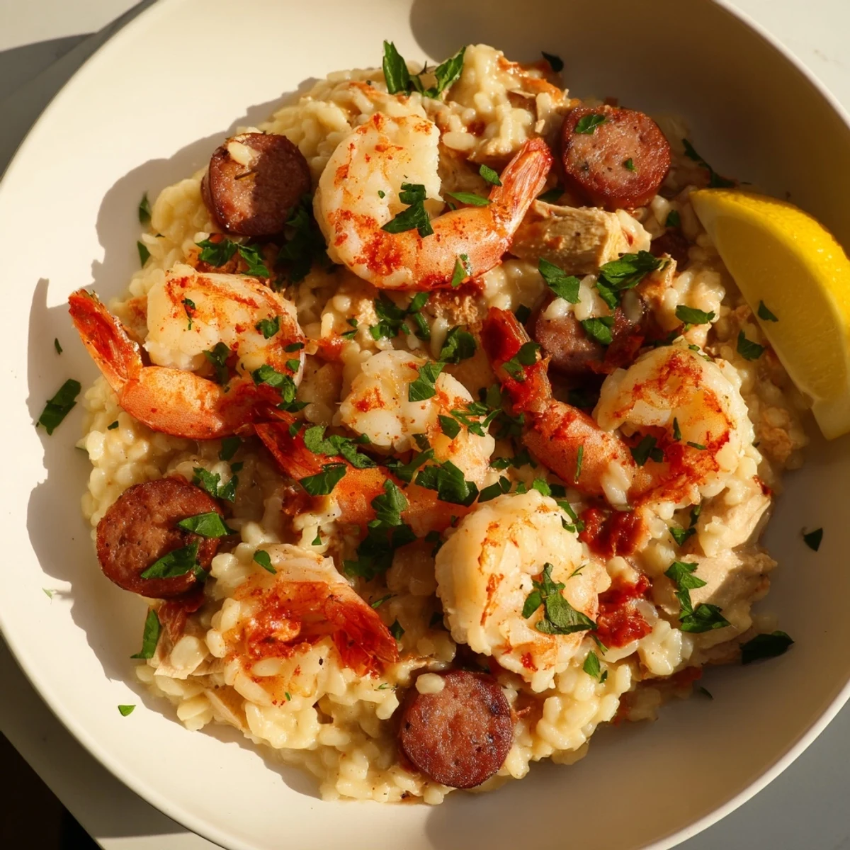 Creamy Arborio rice infused with spices and plump pink shrimp in a hearty Creole Jambalaya Risotto serving.