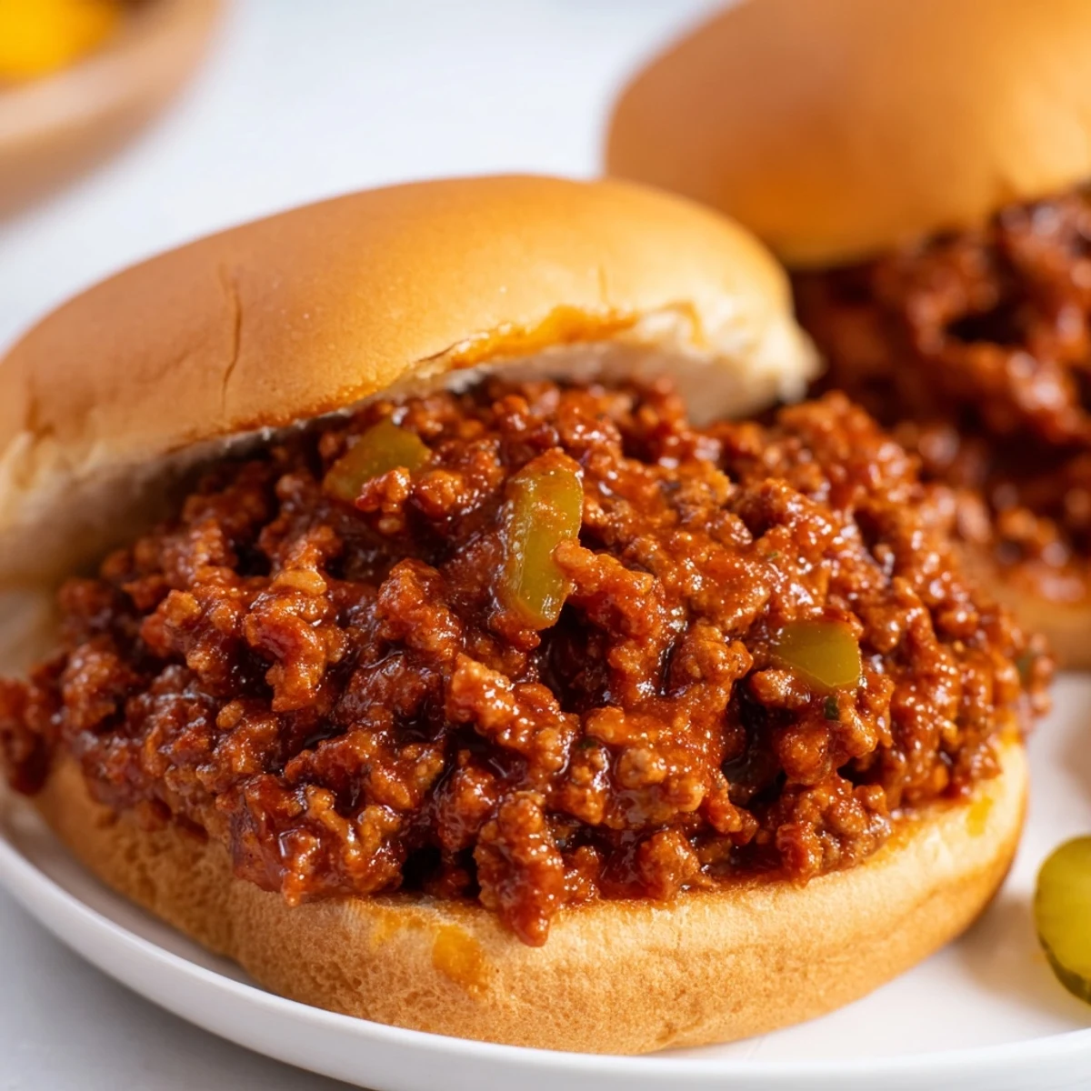 Golden toasted hamburger buns filled with juicy, saucy Beef Sloppy Joes, topped with a pickle slice.
