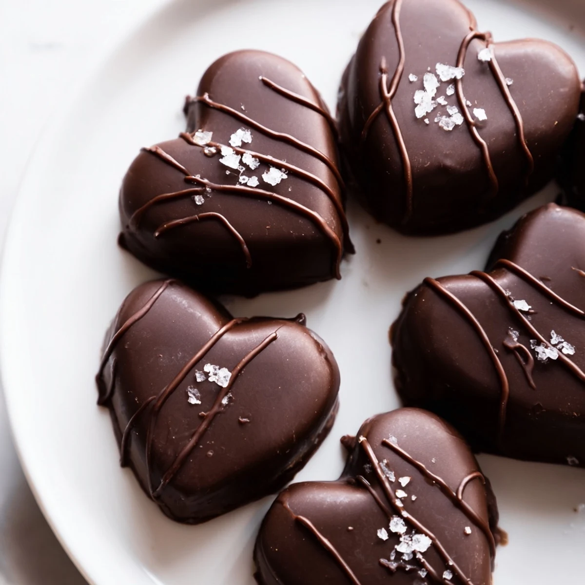 Chocolate Peanut Butter Hearts dipped in rich melted chocolate and sprinkled with flaky sea salt on a marble slab.