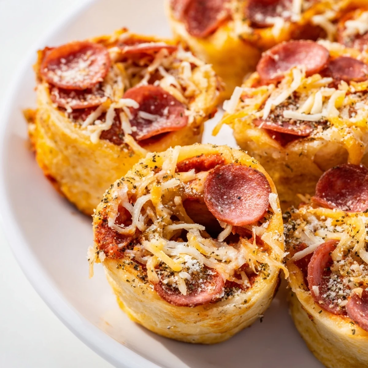 Golden-brown Game Day Pizza Rolls with Beef Pepperoni and melted cheese, served warm on a platter with a side of dipping sauce.