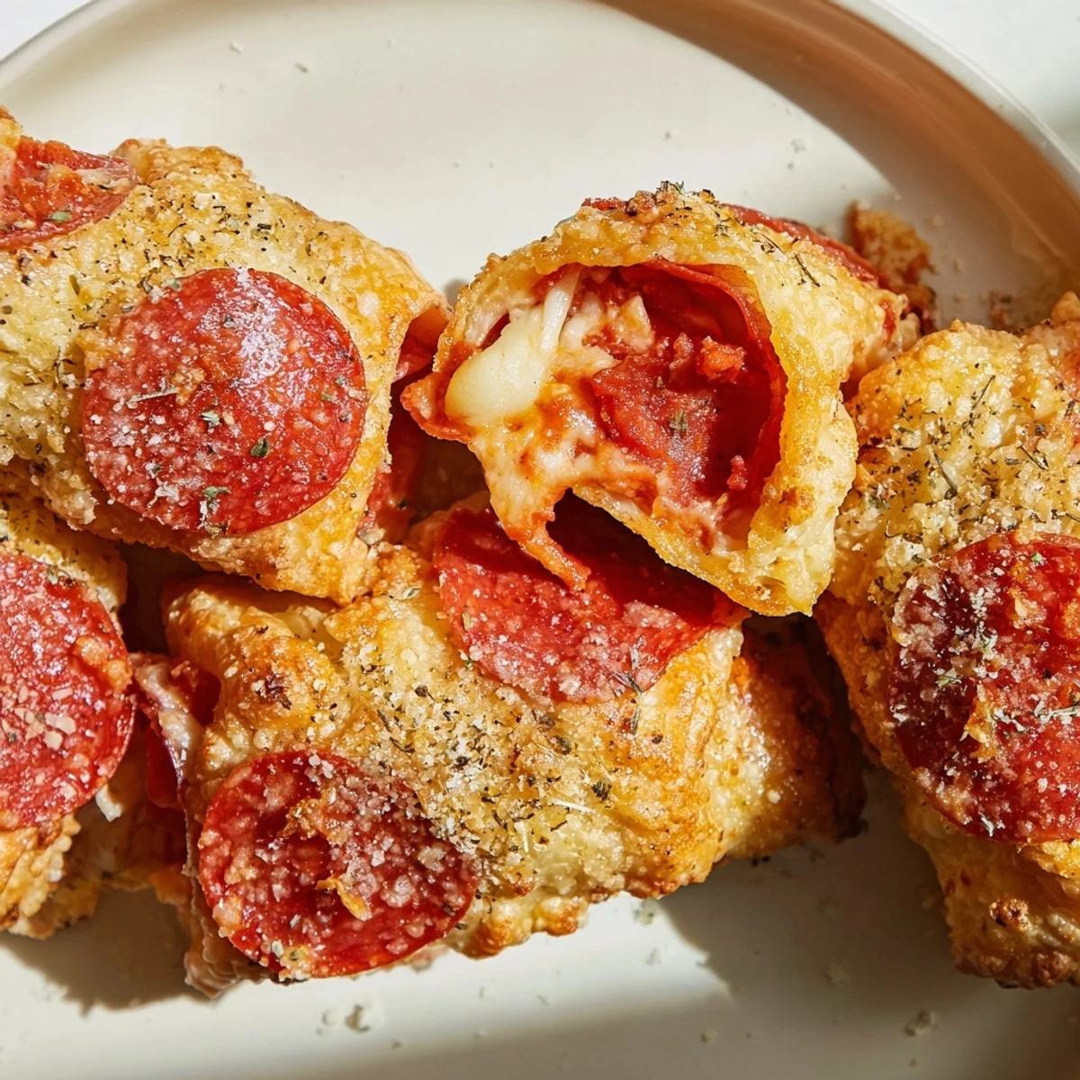 Oven-baked Game Day Pizza Rolls with Beef Pepperoni on a rustic board, steam rising from the bubbly, golden crust.
