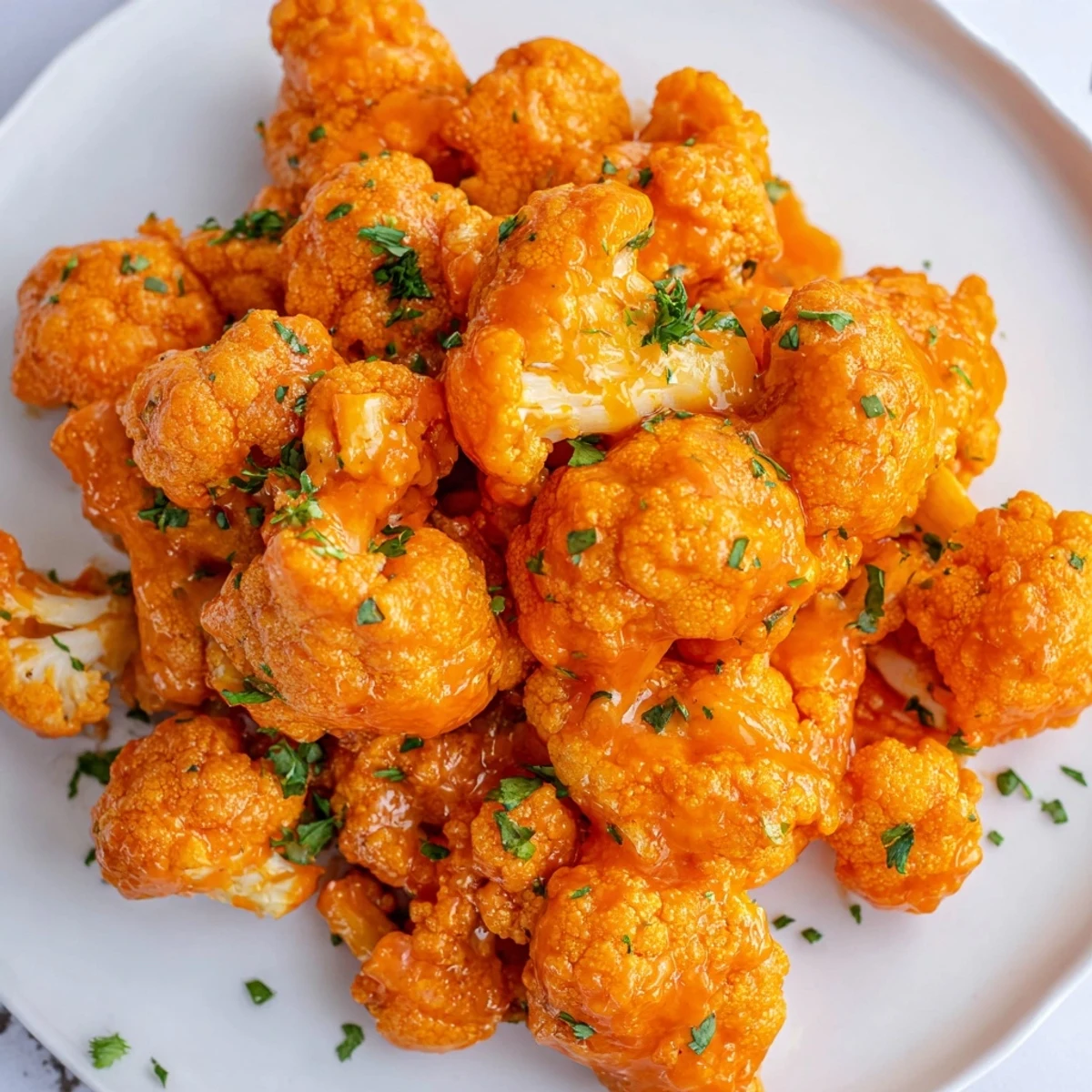 Crispy golden Big Game Buffalo Cauliflower Wings piled high on a platter, served with crunchy celery and ranch dip.