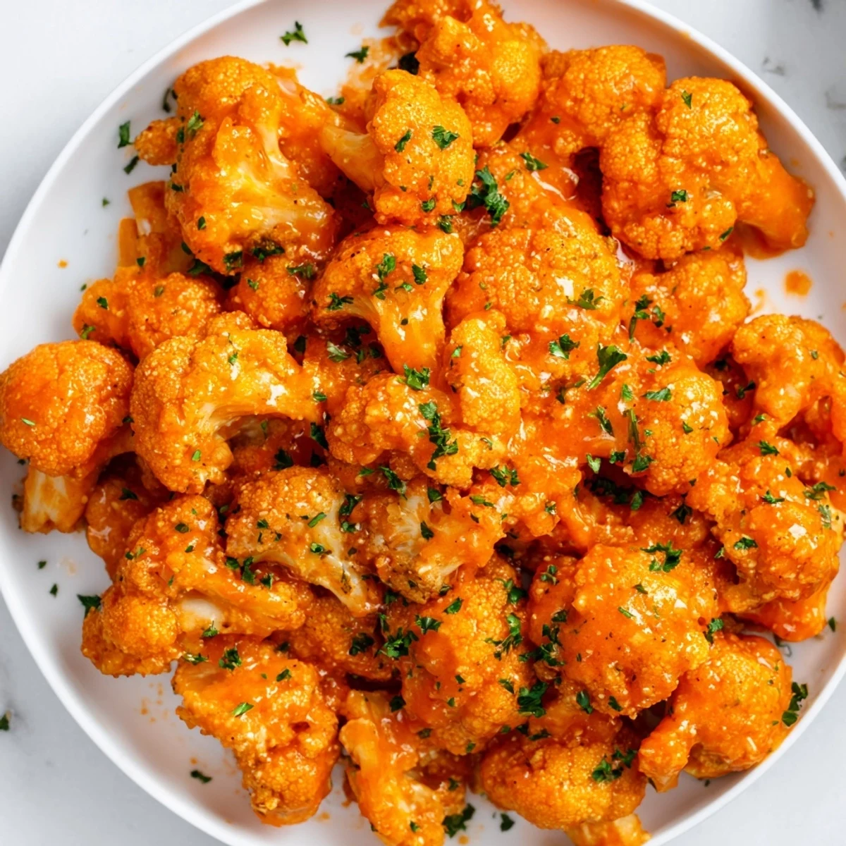 Golden-orange buffalo cauliflower bites arranged on parchment, fresh carrots and blue cheese dressing creating the perfect game day snack platter.