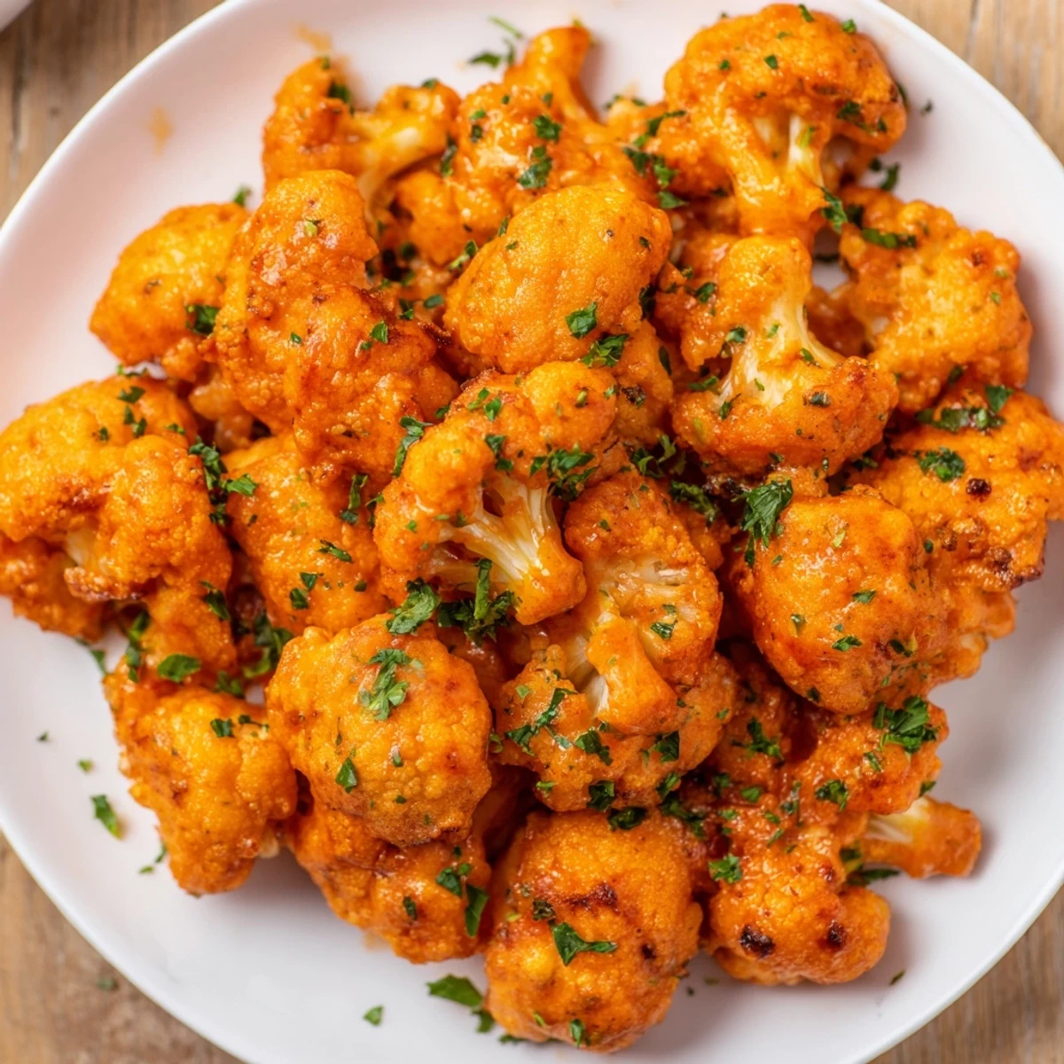 Spicy Big Game Buffalo Cauliflower Wings glistening with tangy sauce, garnished with parsley and ready to enjoy with crisp veggies.