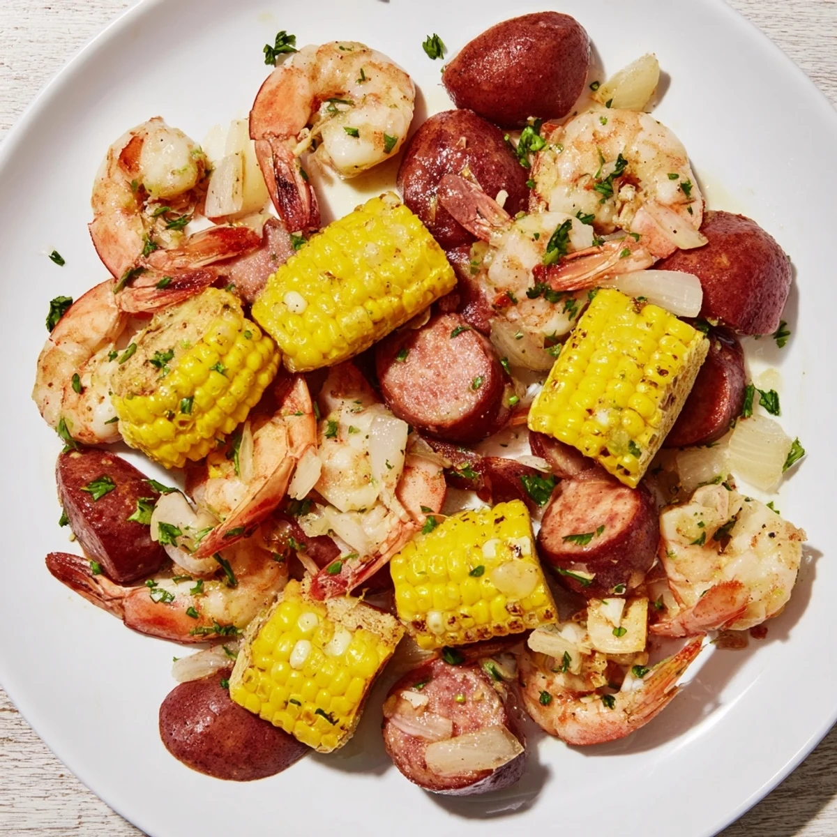 Freshly cooked Mardi Gras Shrimp Boil with corn, spicy sausage, and potatoes served steaming on a platter.
