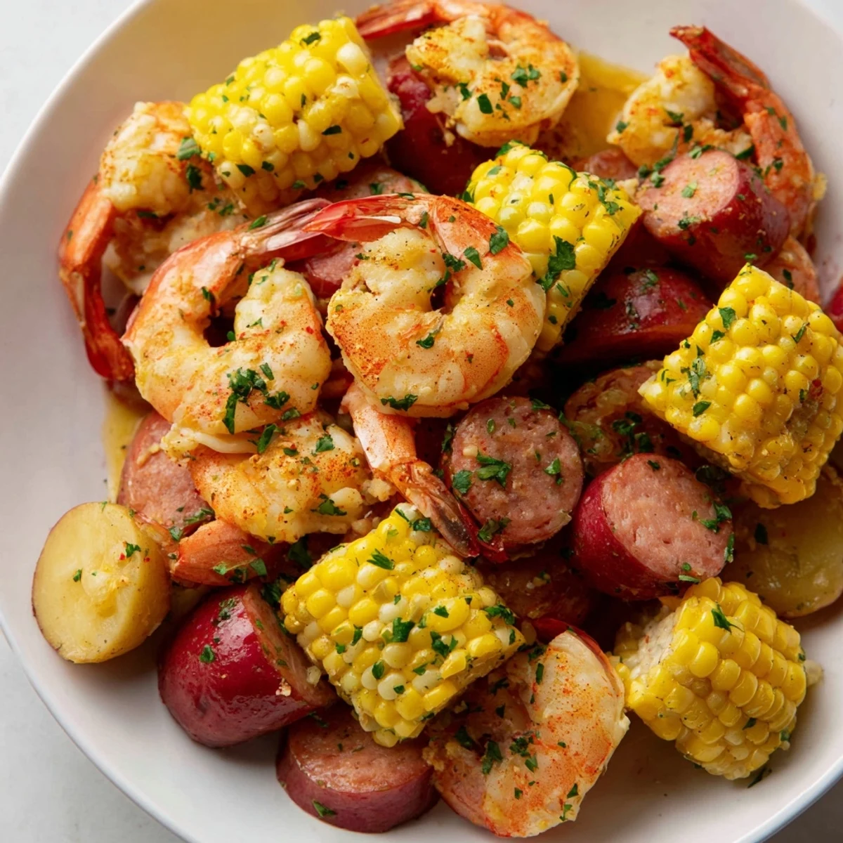 Spicy Andouille sausage and sweet corn garnish a vibrant Mardi Gras Shrimp Boil for Carnival.