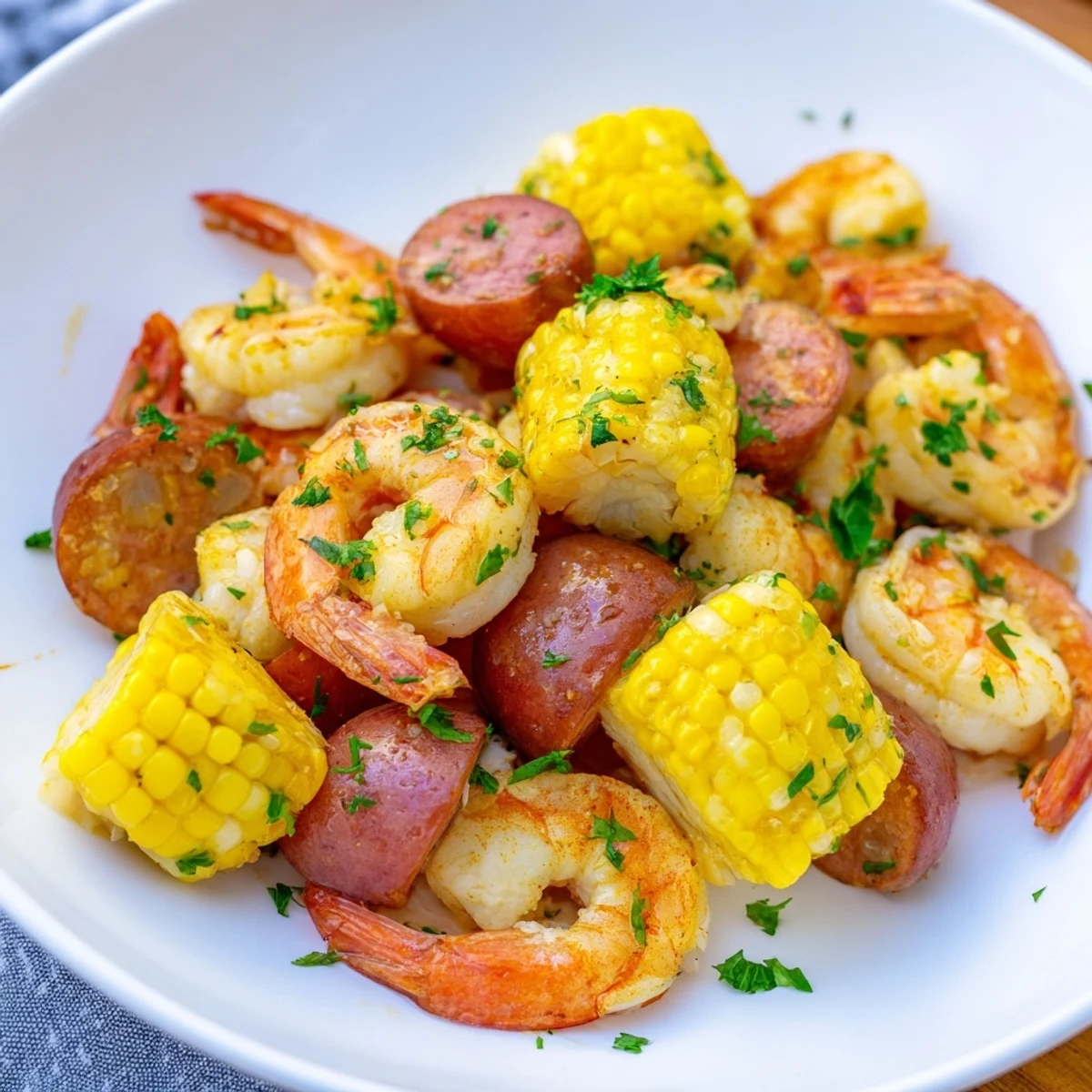 A rustic spread of Mardi Gras Shrimp Boil featuring tender shrimp, lemon wedges, and melted butter.