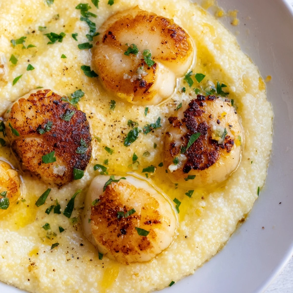 Golden seared Romantic Scallops with Polenta topped with lemon-herb butter and fresh parsley.
