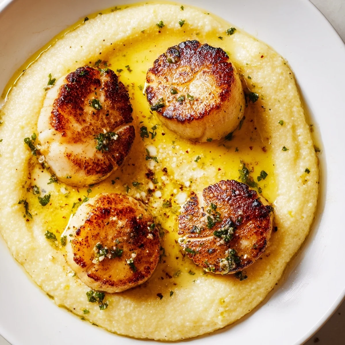 Tender Romantic Scallops with Polenta plated elegantly for a romantic dinner for two.