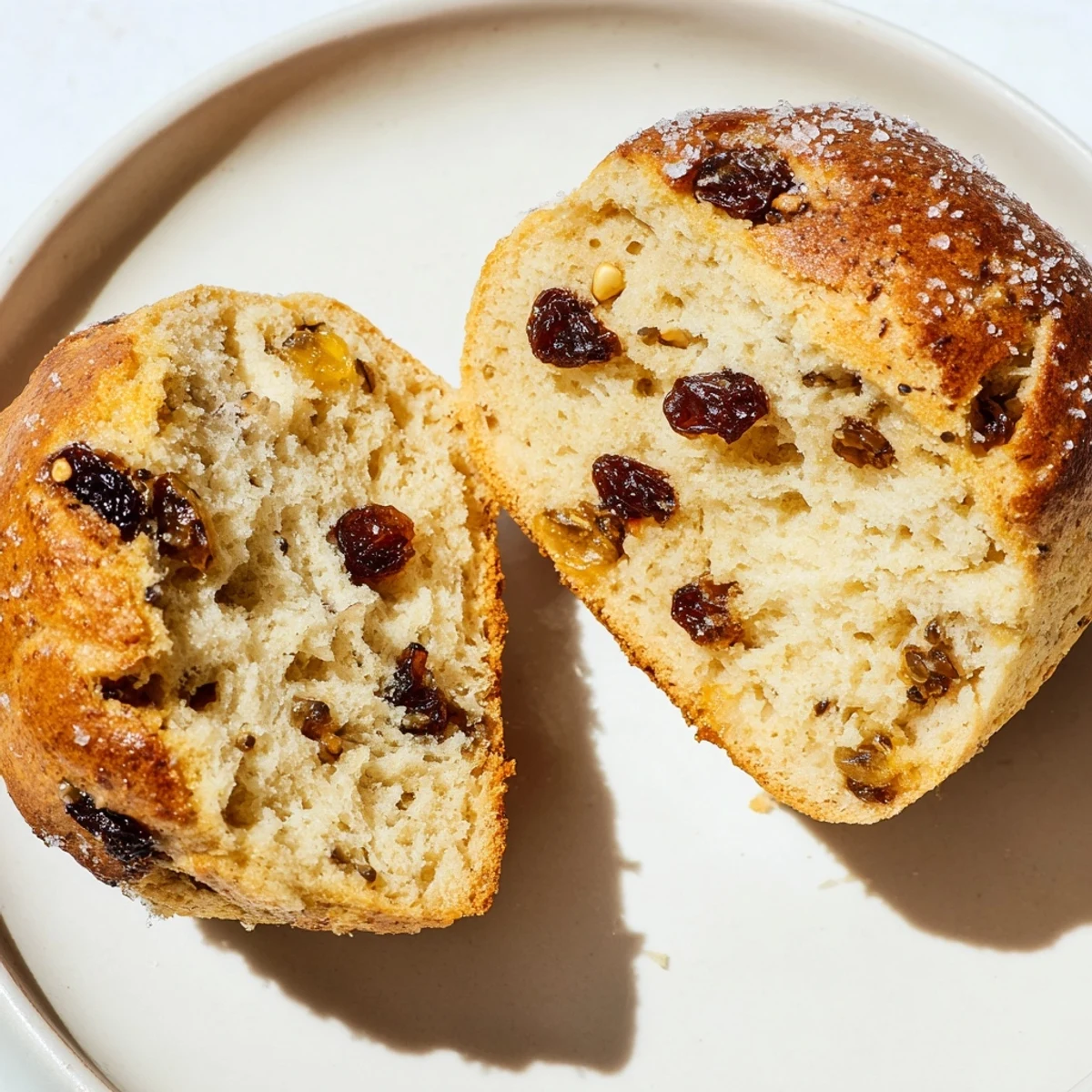 Warm Irish Soda Bread Muffins with Currants sliced open, revealing a tender, buttery crumb studded with juicy currants.