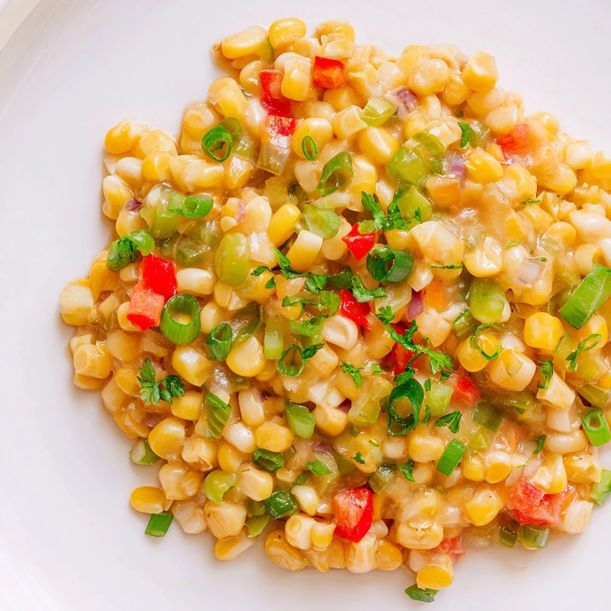 Golden Creole Corn Maque Choux with red bell peppers and creamy sauce, served warm in a rustic white bowl.