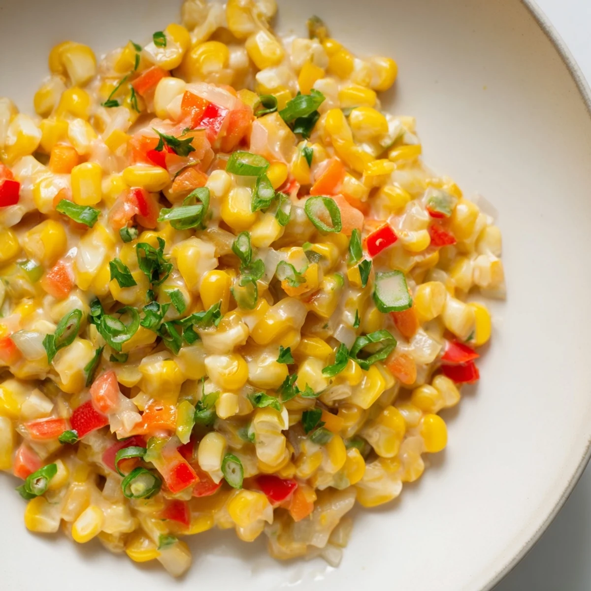 Vibrant Creole Corn Maque Choux simmering in a skillet with fresh tomatoes, onions, and green onions garnish.