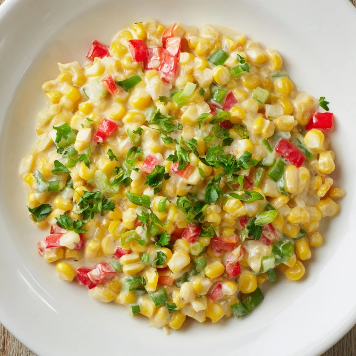 Southern Creole Corn Maque Choux topped with parsley, ready to serve alongside grilled meats at a family dinner.