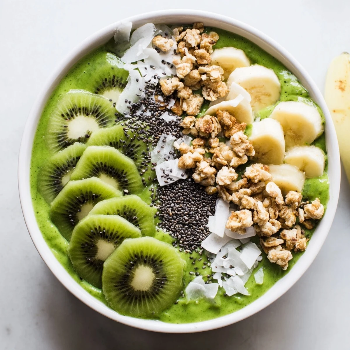 Bright green Green Smoothie Bowl with Spinach and Kiwi topped with sliced kiwi, crunchy granola, coconut flakes, and chia seeds in a white bowl.