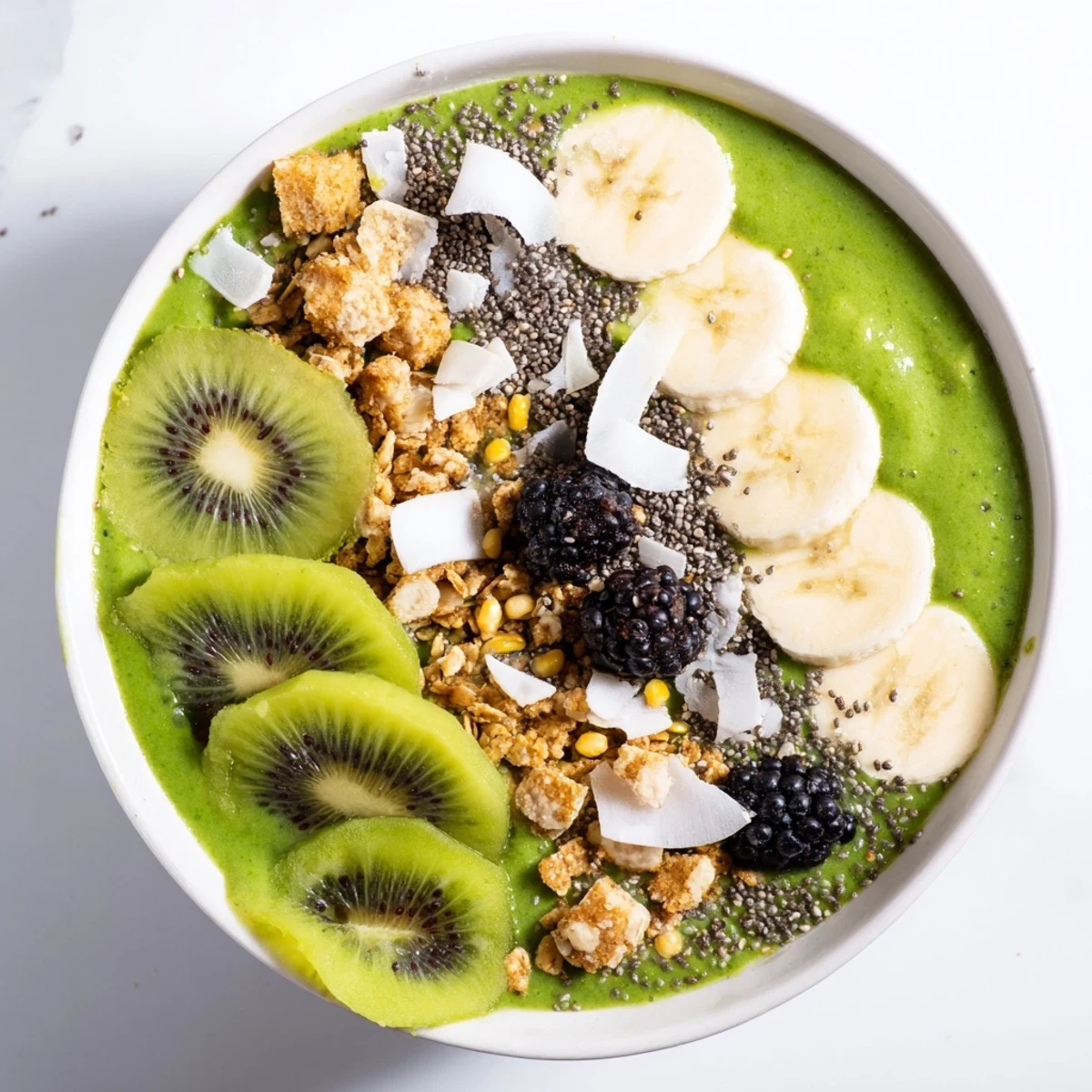 Thick, creamy Green Smoothie Bowl with Spinach and Kiwi featuring vibrant green puree, fresh kiwi slices, and a colorful scattering of blueberries and raspberries.