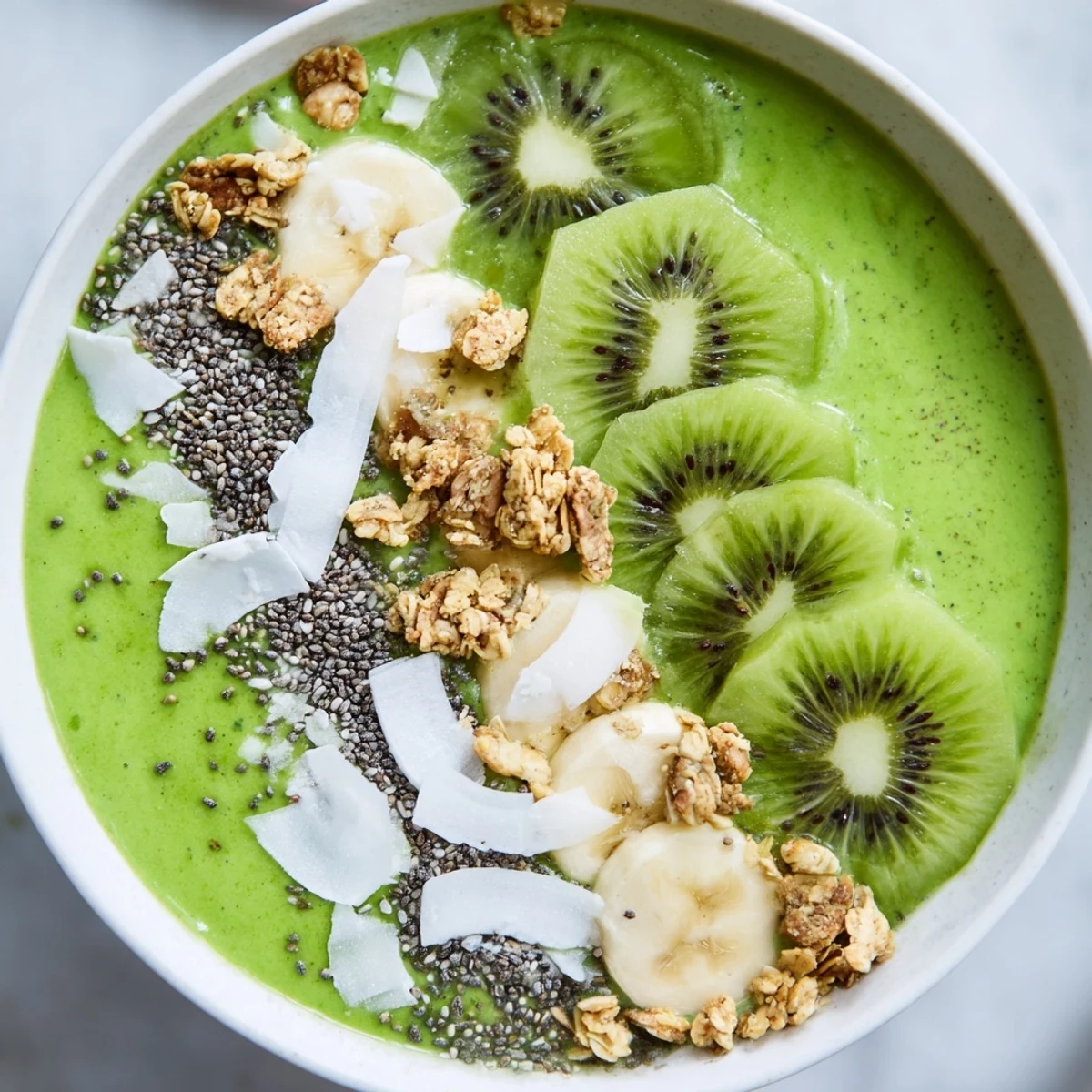Healthy Green Smoothie Bowl with Spinach and Kiwi served for breakfast with almond milk base, lime juice tang, and gluten-free granola for crunch.