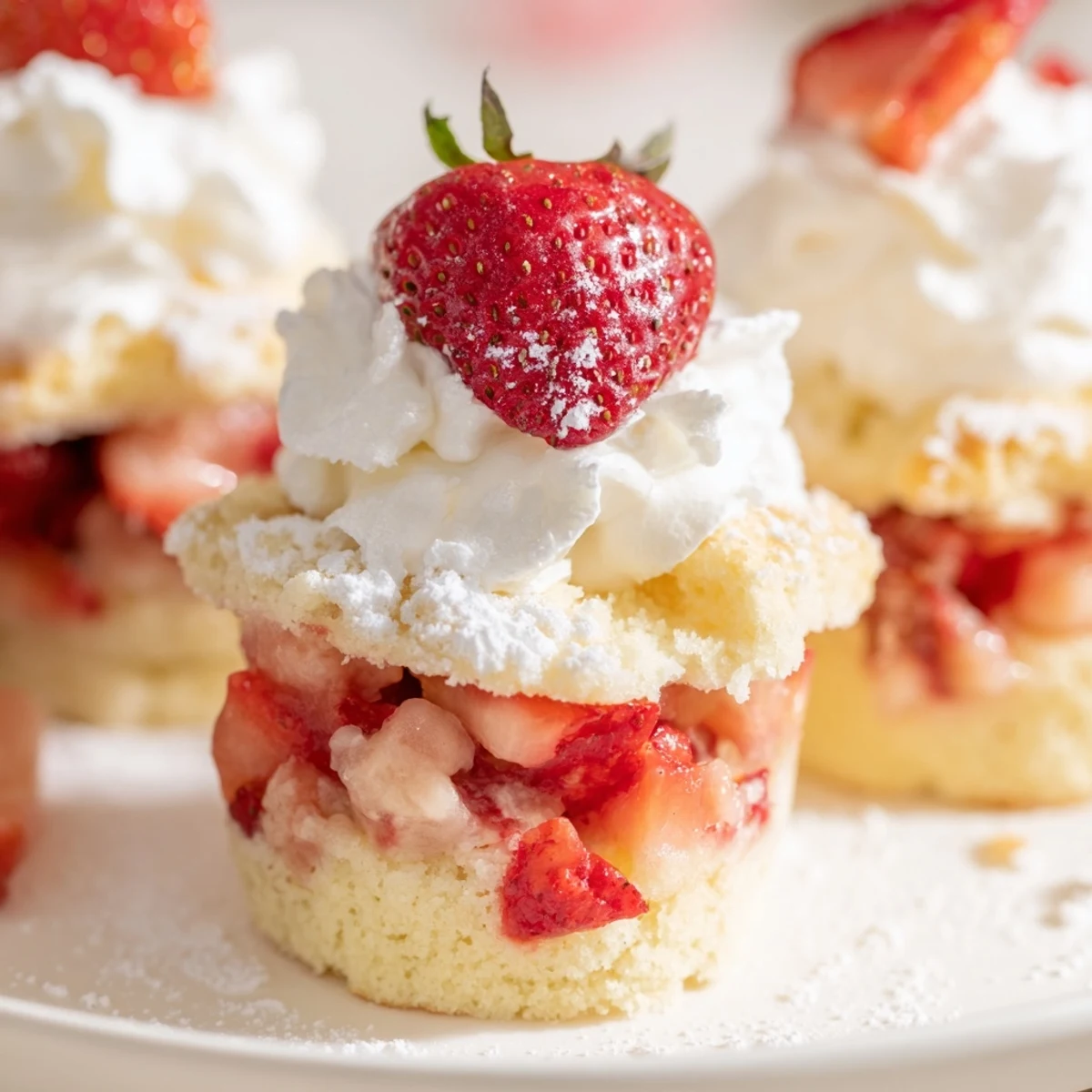 Close-up of Valentine Strawberry Shortcake Cups with layers of crumbled shortcake, syrupy strawberries, and fluffy whipped cream topped with a fresh berry.