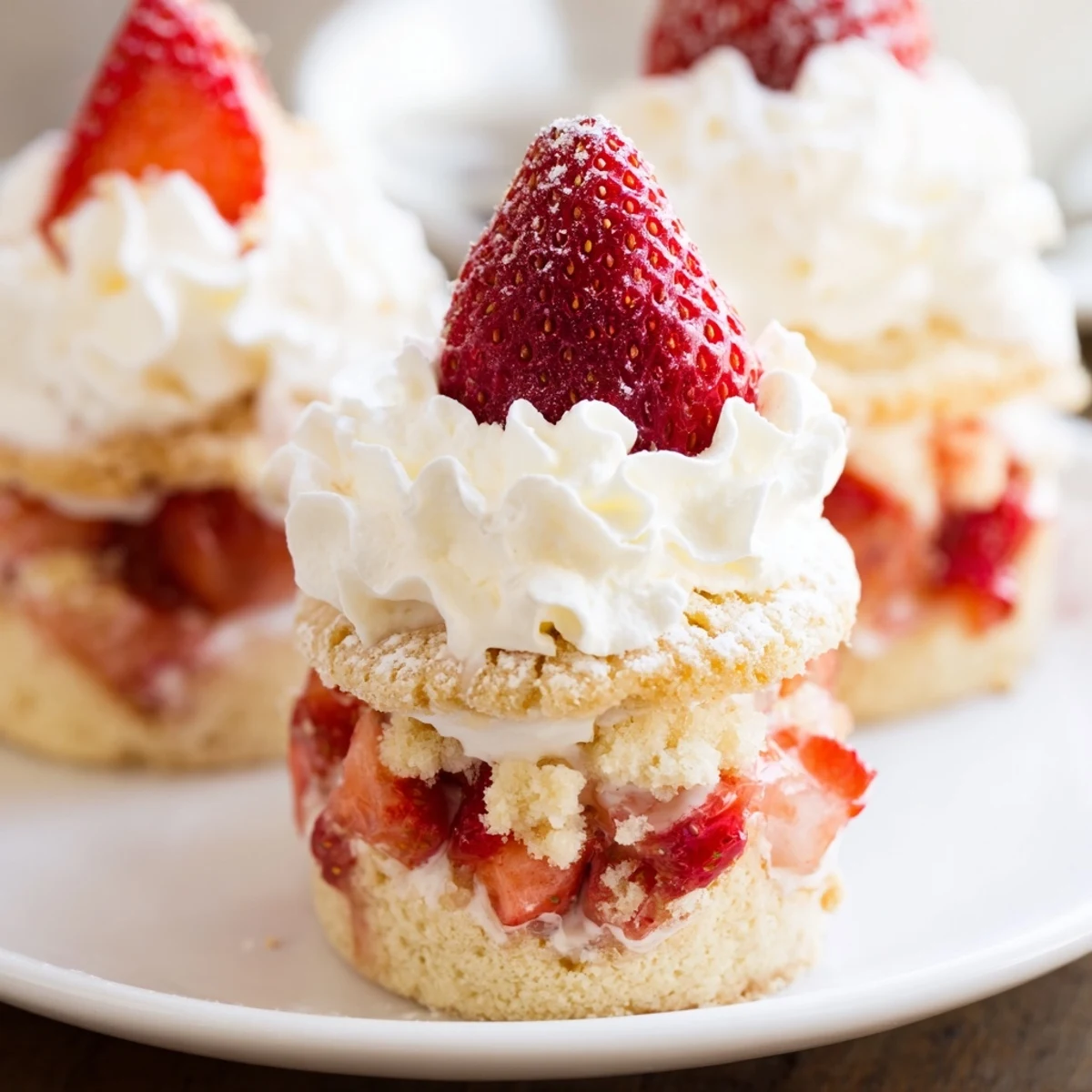 Valentine Strawberry Shortcake Cups lined up in glass jars, showing golden shortcake crumbles and bright red strawberries for a romantic dessert presentation.
