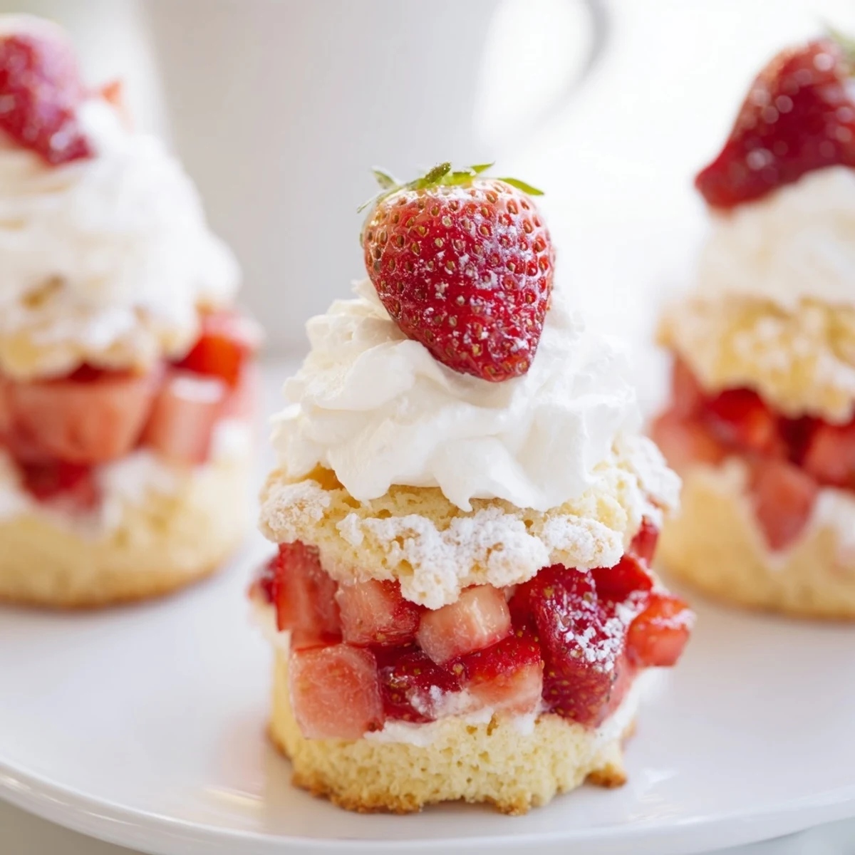 Hand preparing individual Valentine Strawberry Shortcake Cups by layering shortcake pieces, spooning juicy strawberries, and adding a swirl of whipped cream.