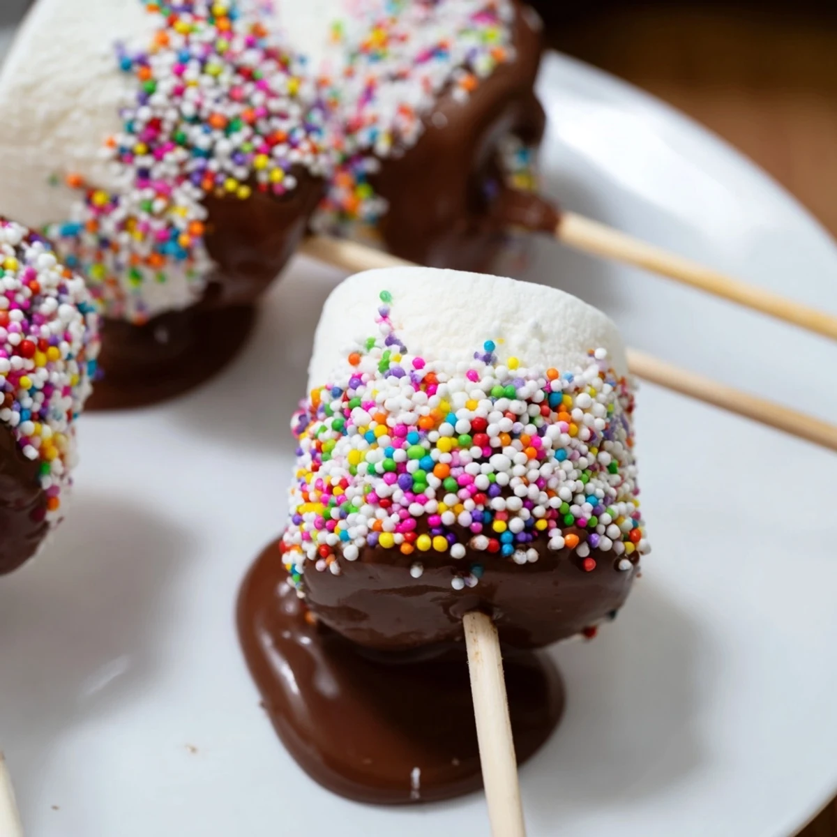 Dipped marshmallows with sprinkles, served upright on a baking sheet with the chocolate coating slowly setting to a glossy finish.