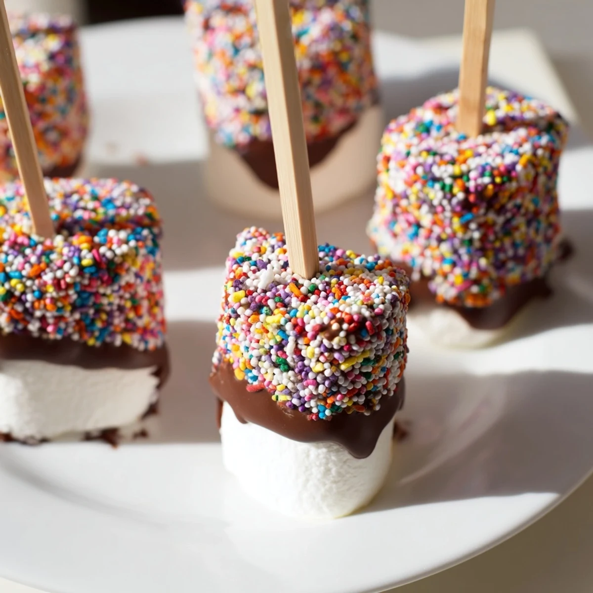 Fluffy marshmallows on sticks, dipped in melted chocolate and rolled in bright rainbow sprinkles for a sweet, festive treat.