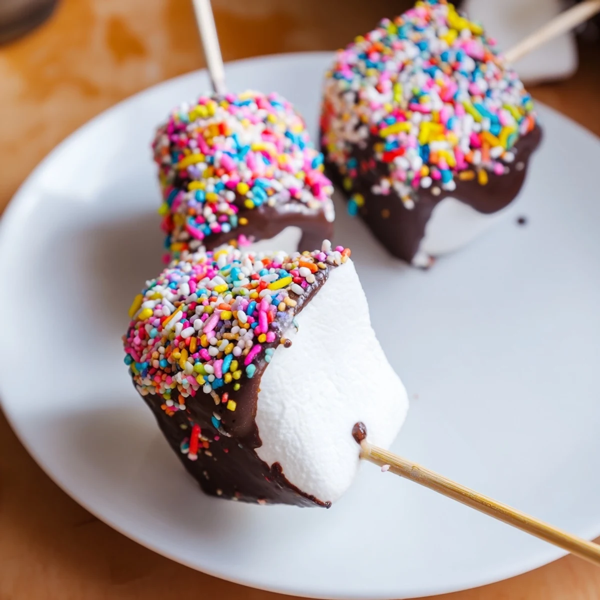 A close-up of hand-dipped marshmallows in rich chocolate, decorated with colorful sprinkles, perfect for a party dessert platter.