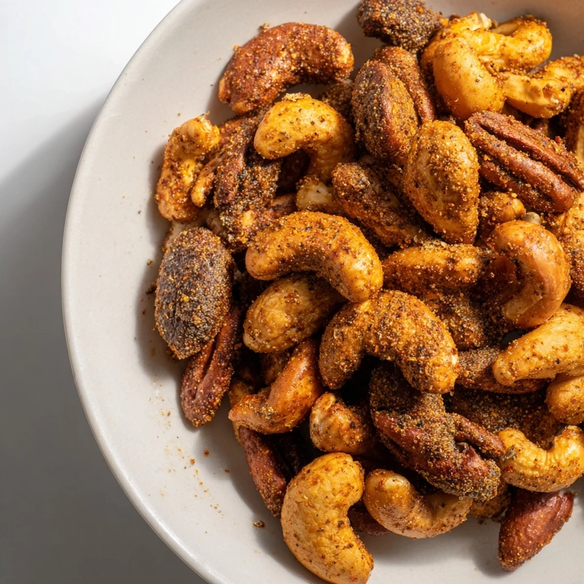 Golden-brown Spicy Nuts Mix with Cajun Seasoning scattered on a platter, ready to serve with cold beer.