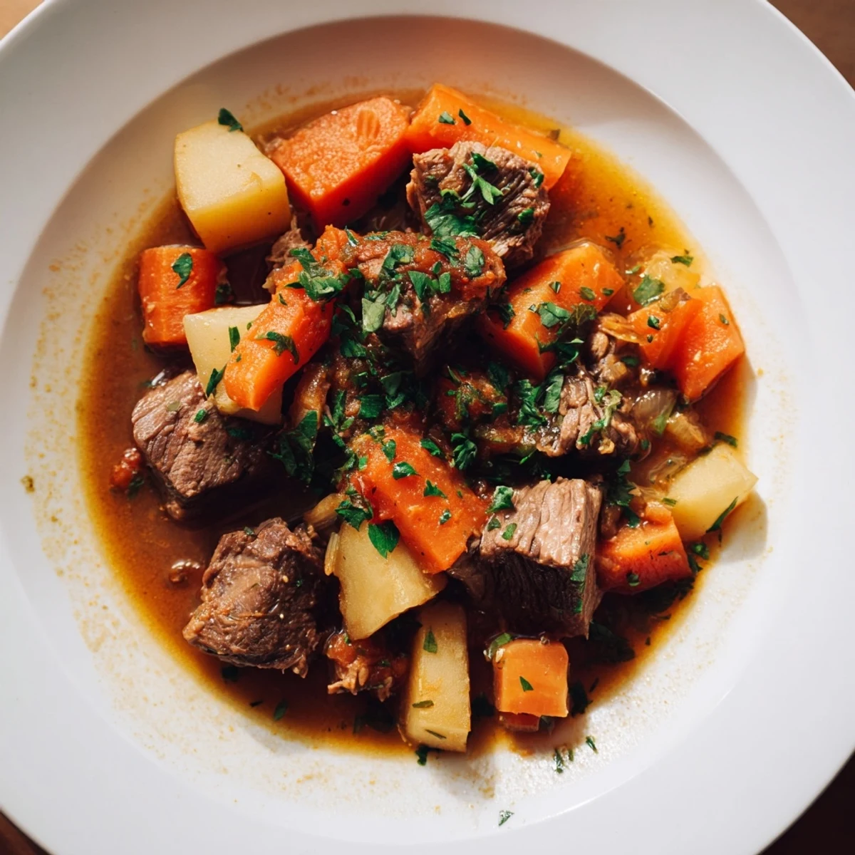 A steaming bowl of Lamb Stew with Root Vegetables, featuring tender lamb chunks and colorful carrots, parsnips, and potatoes in a rich, dark broth.  