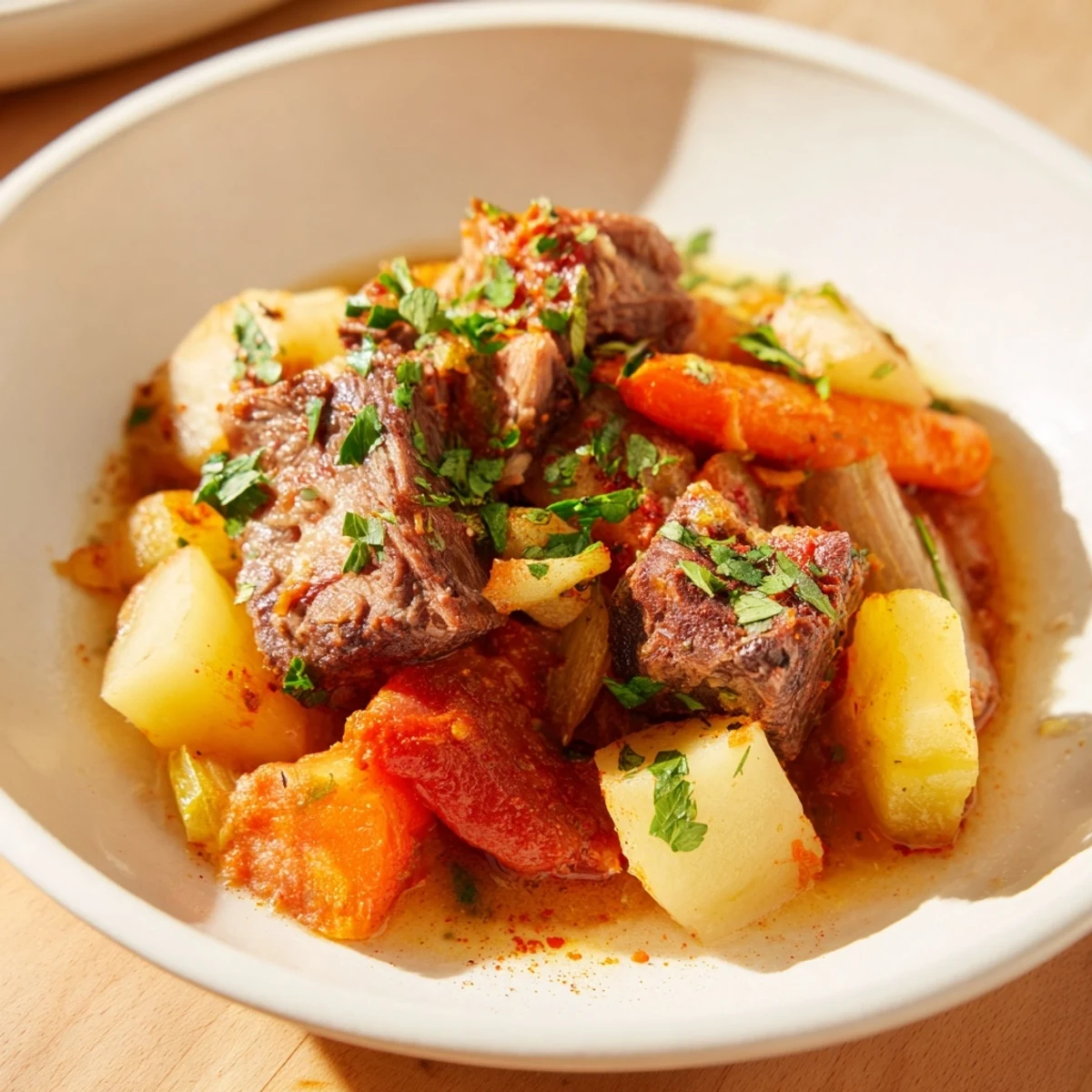 Hearty Lamb Stew with Root Vegetables simmering in a Dutch oven, with aromatic thyme and bay leaves creating a comforting, savory aroma.  