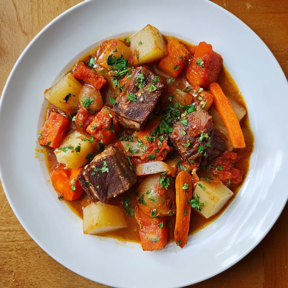 Serving suggestion for Lamb Stew with Root Vegetables in a rustic ceramic bowl, garnished with fresh parsley alongside crusty bread.