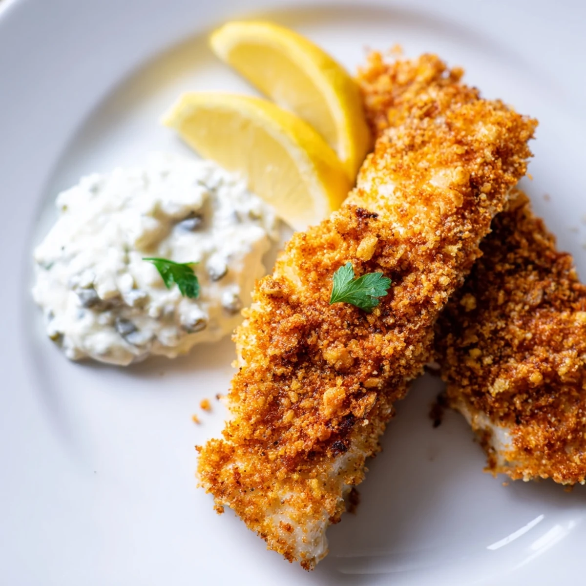 Golden fried fish fillets for Fish Fry with Tartar Sauce, served hot beside a creamy dipping sauce and crispy french fries.