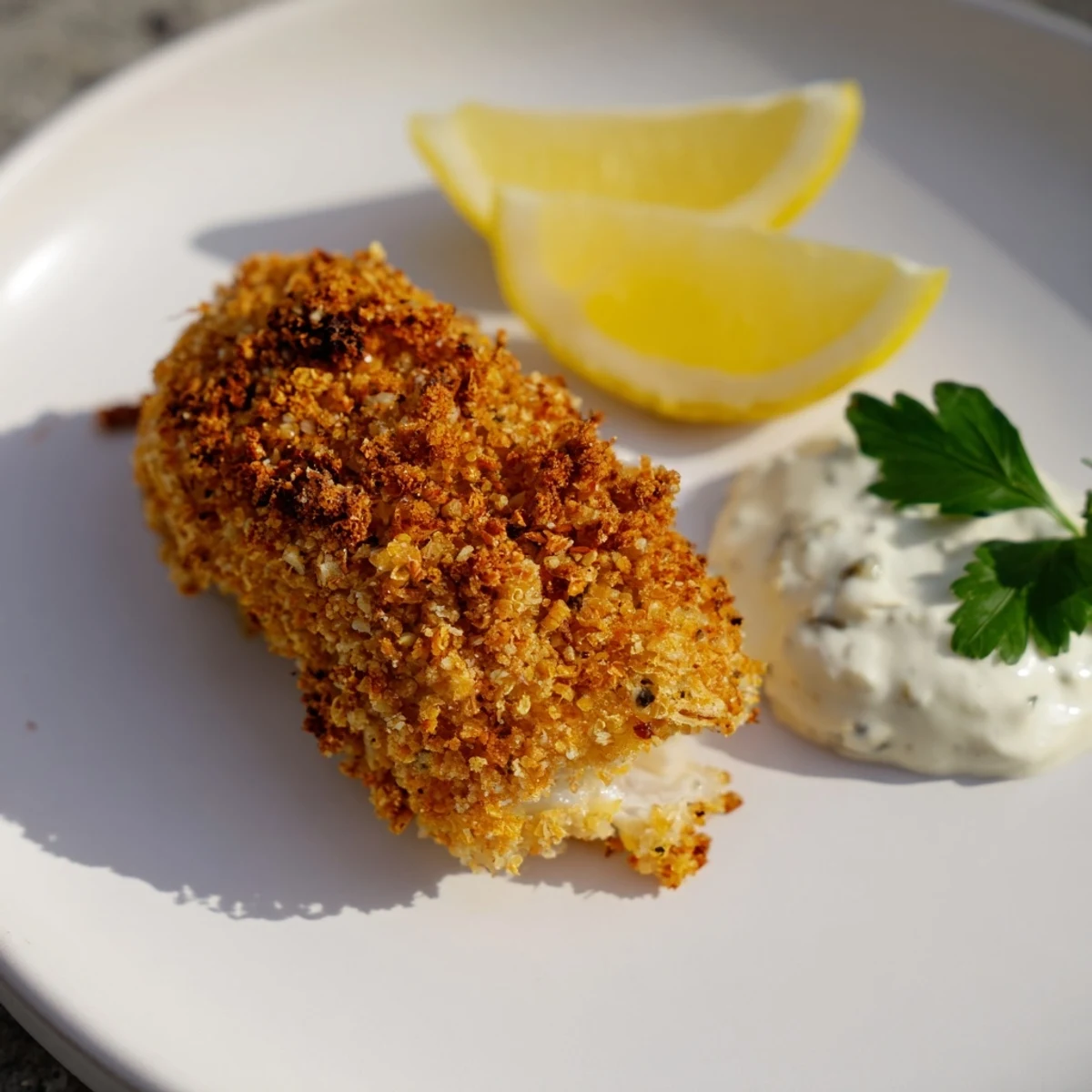 Crispy golden Fish Fry with Tartar Sauce fillets on a plate, garnished with lemon wedges and fresh parsley for a classic American dinner.