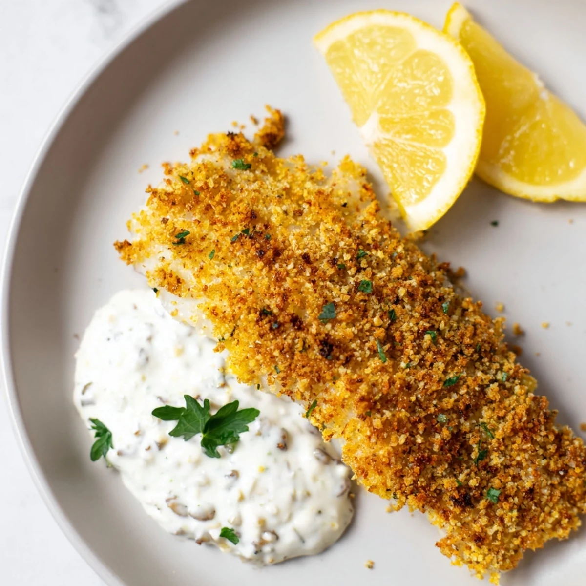 Close-up of Fish Fry with Tartar Sauce showcasing flaky white fish coated in seasoned breadcrumbs and tangy homemade tartar sauce.