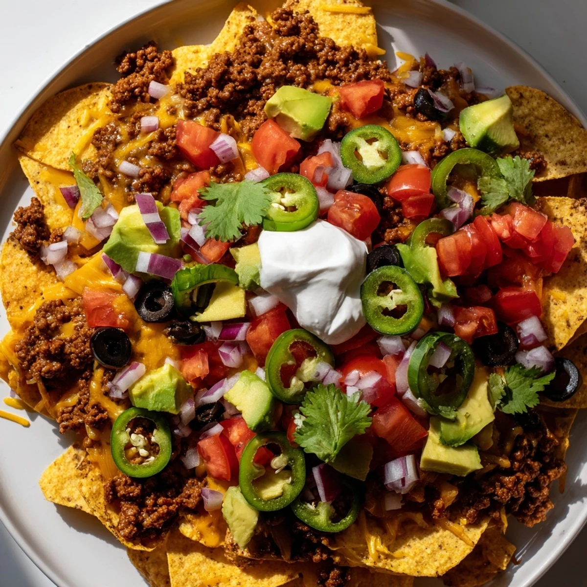 A close-up of oven-baked Nachos Supreme loaded with ground beef, cheddar, and cool sour cream, garnished with cilantro and avocado.  