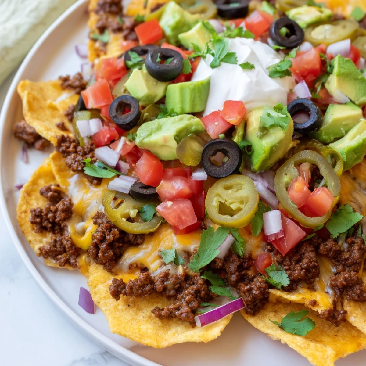 Freshly made Nachos Supreme platter featuring melted cheese, jalapeños, and a dollop of sour cream, perfect for a game-day snack.