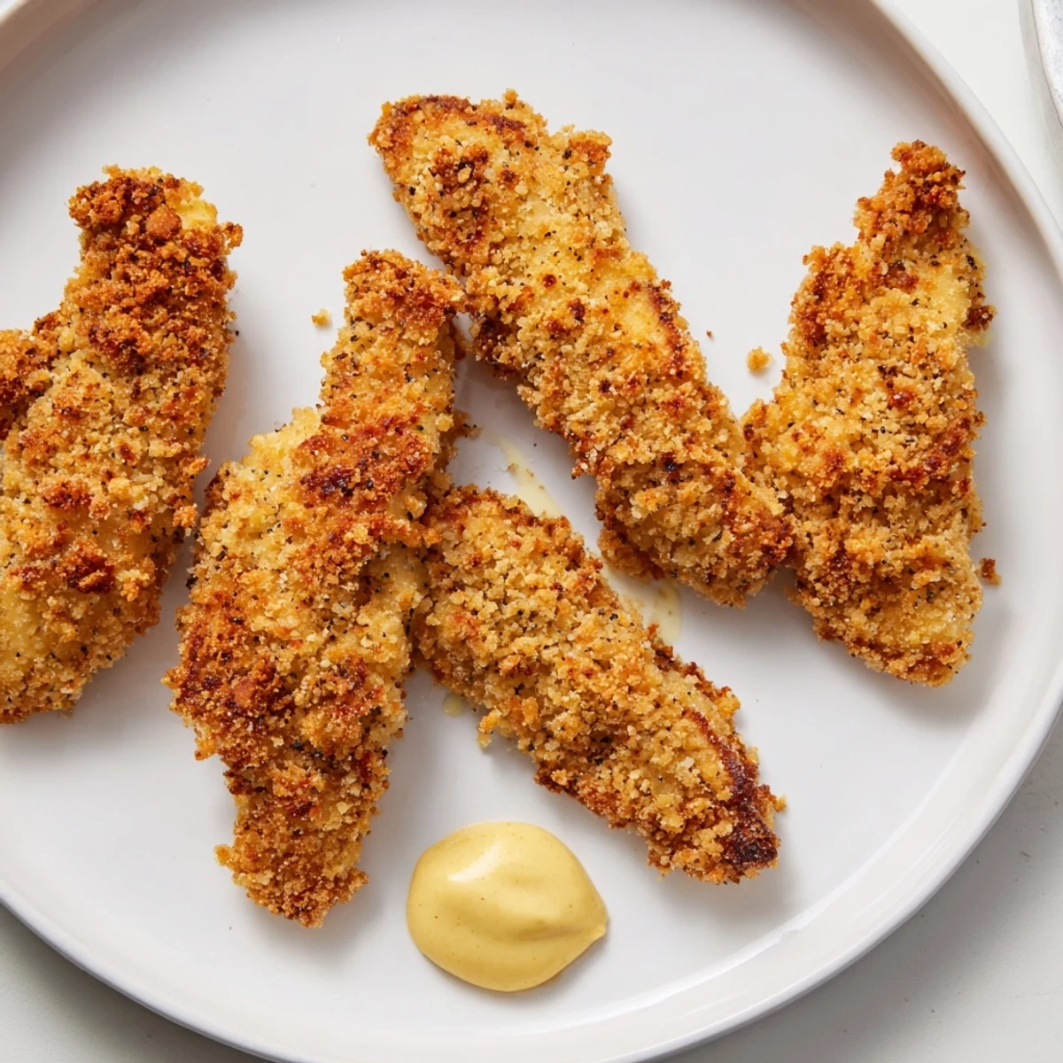 Crispy golden chicken tenders with honey mustard sauce served alongside fresh fries and salad.