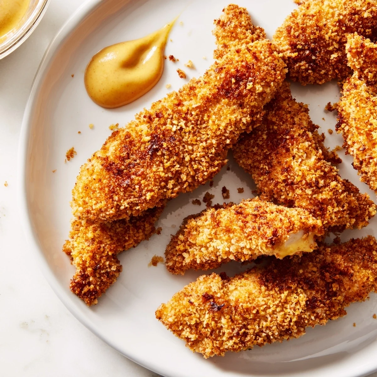 Freshly fried chicken tenders paired with creamy honey mustard sauce on a rustic plate.