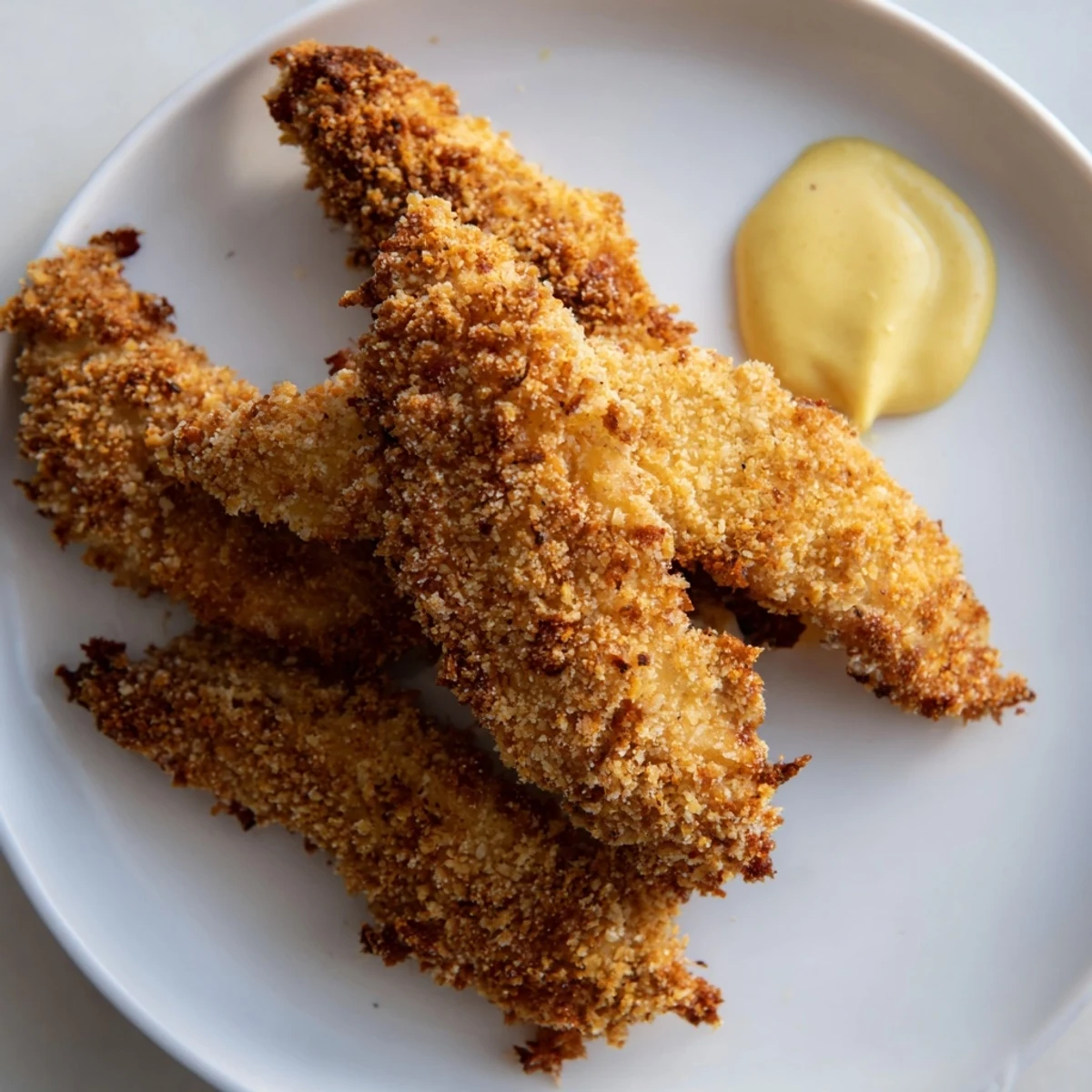 Homemade breaded chicken tenders drizzled with tangy sweet honey mustard dipping sauce.