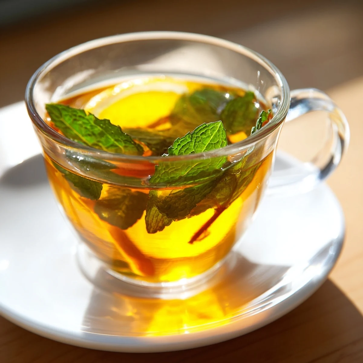 A warm cup of homemade Mint Tea with Honey and Lemon garnished with fresh mint and lemon slices.