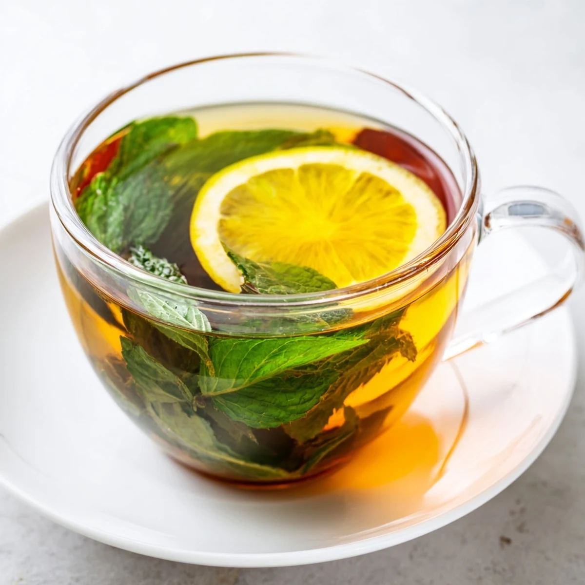 This refreshing Mint Tea with Honey and Lemon is served iced in a tall glass with mint sprigs.