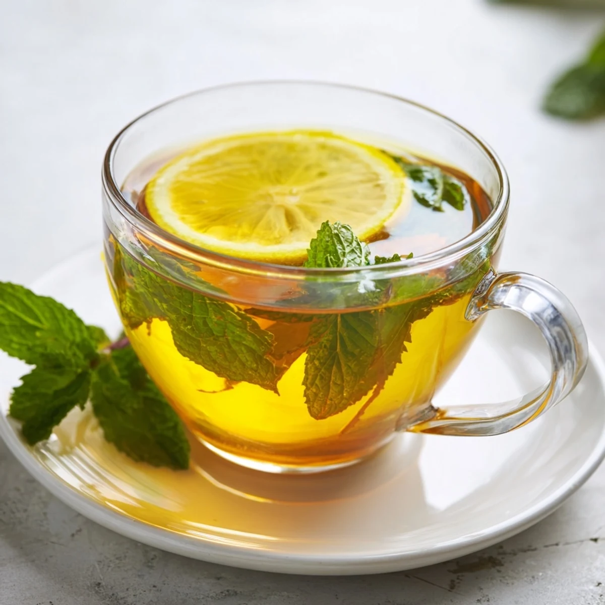 Steaming Mug of Mint Tea with Honey and Lemon beside fresh ingredients on a rustic wooden table.