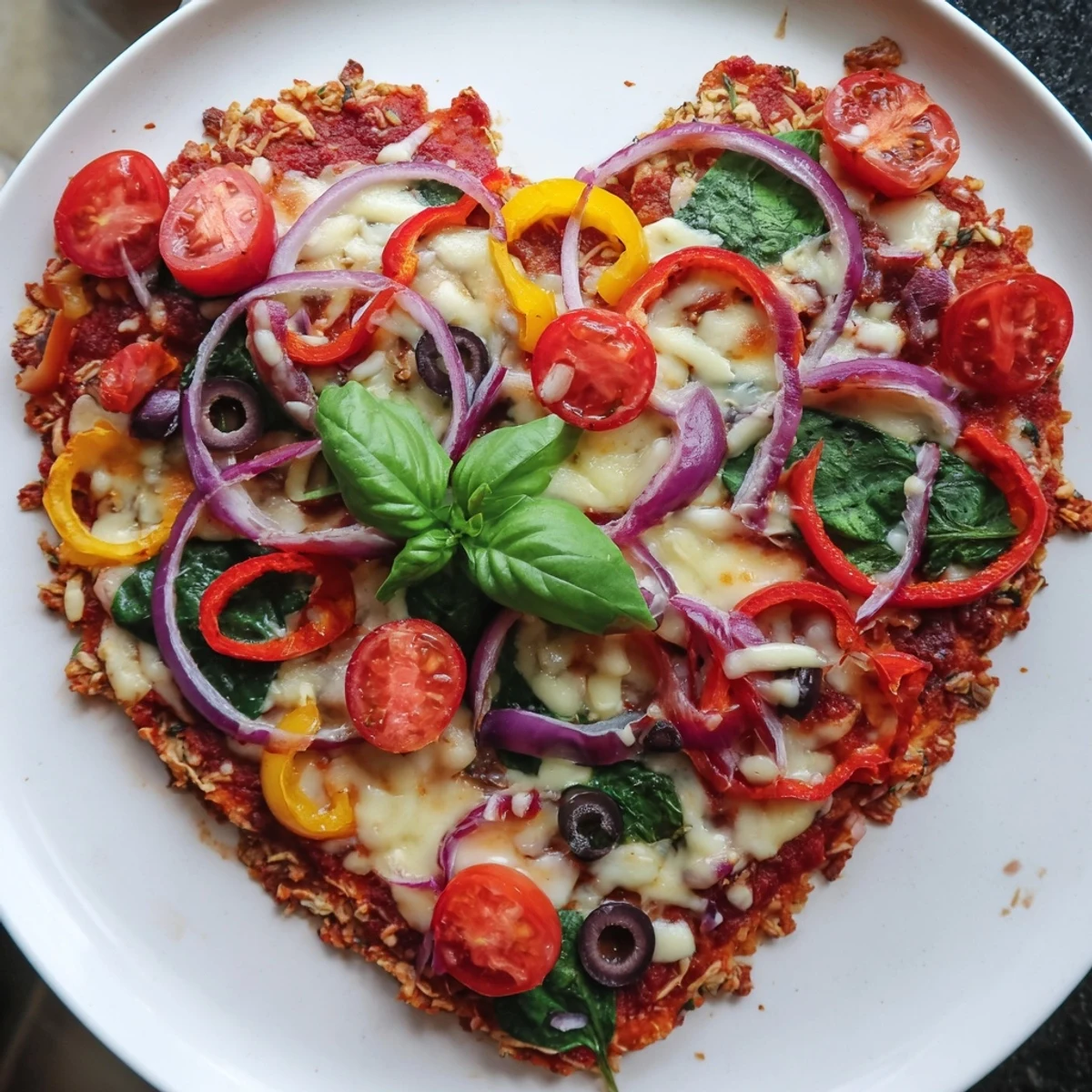 A freshly baked heart-shaped vegetable pizza sits on a wooden board, topped with melted mozzarella, red and yellow bell peppers, cherry tomatoes, and fresh spinach leaves.