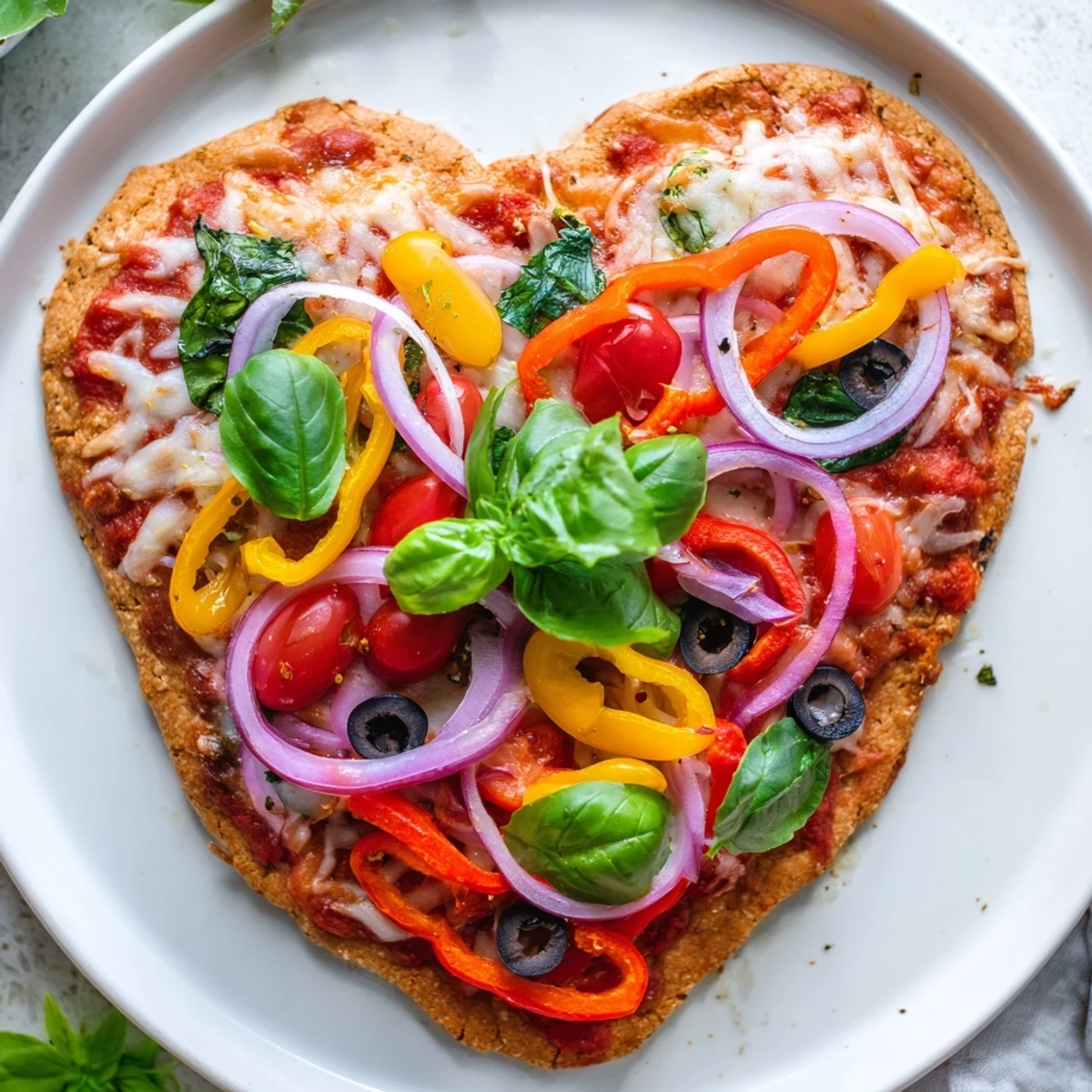 A freshly sliced heart-shaped vegetable pizza with a crispy crust is served on a white plate, featuring vibrant red peppers, black olives, and fresh spinach.