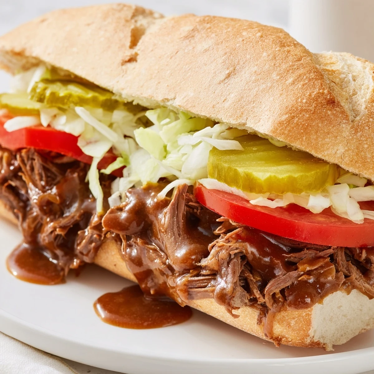 Classic Roast Beef Po Boy Sandwich featuring juicy roast beef and gravy, layered with fresh tomatoes and crisp iceberg lettuce.