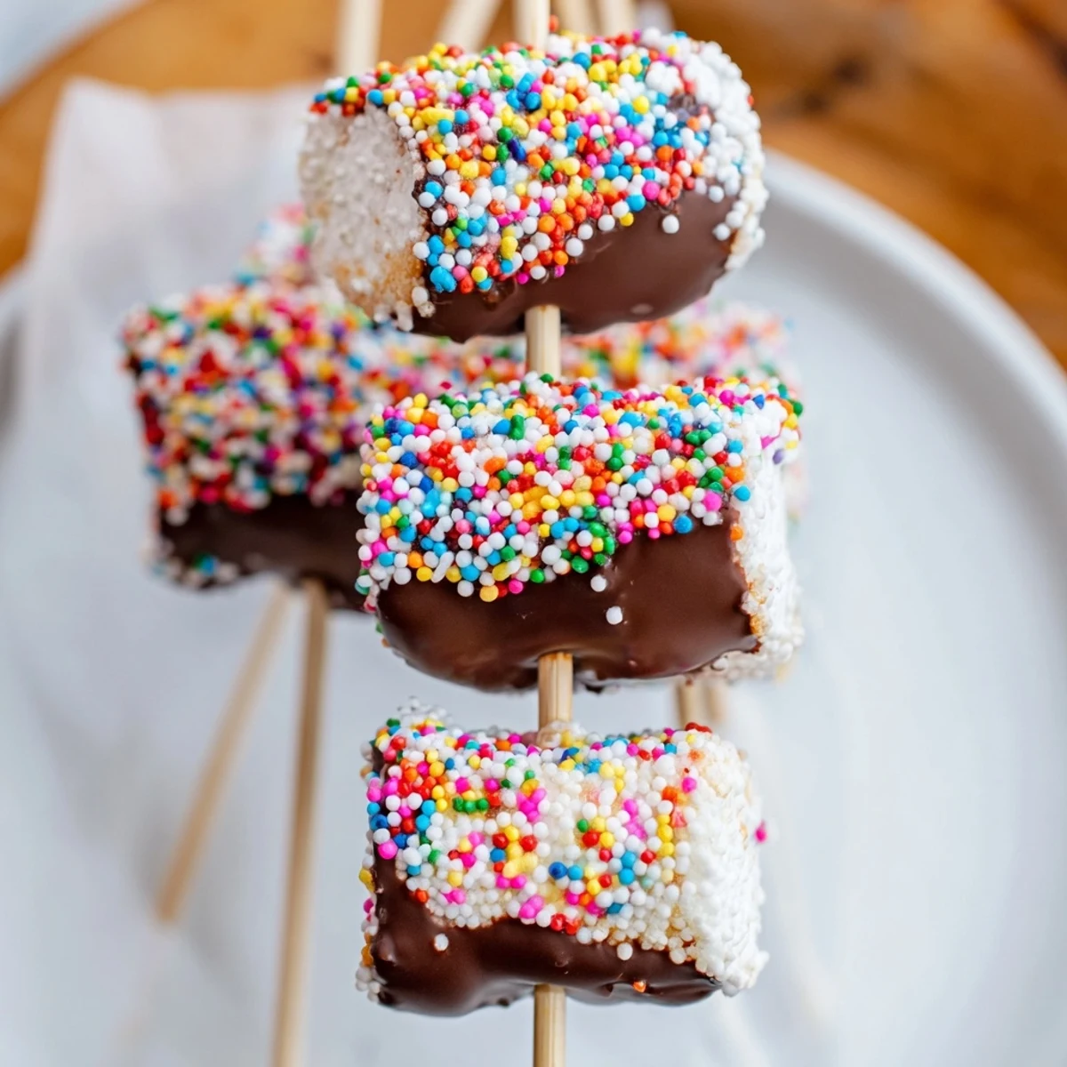 Fluffy marshmallows on sticks, half-dipped in glossy melted chocolate and rolled in vibrant, multicolored sprinkles for a festive party treat.  