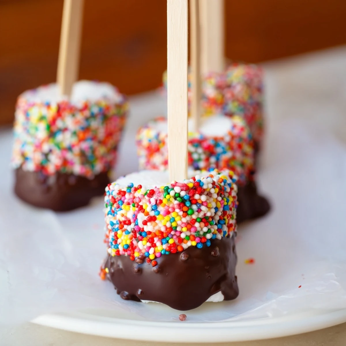 Easy homemade dipped marshmallows with colorful sprinkles, arranged on parchment paper for a quick, no-bake dessert.