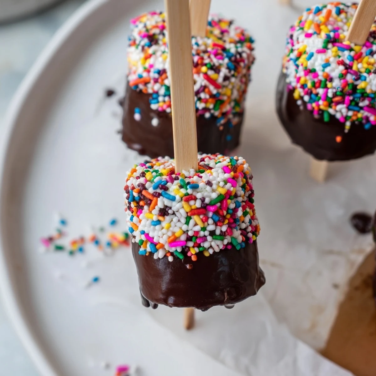 A close-up view of chocolate-dipped marshmallows with sprinkles, showing the smooth coating and fluffy center on a baking sheet.  